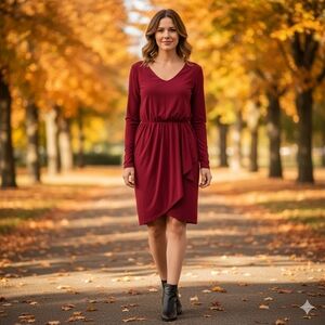 ​Daisy Fuentes Red Tulip Hem Faux Wrap Dress Small - Long Sleeve Merlot Cocktail